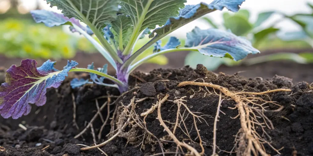 gros plan des racines de plante dans le sol montrant l’absorption des nutriments