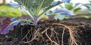 gros plan des racines de plante dans le sol montrant l’absorption des nutriments