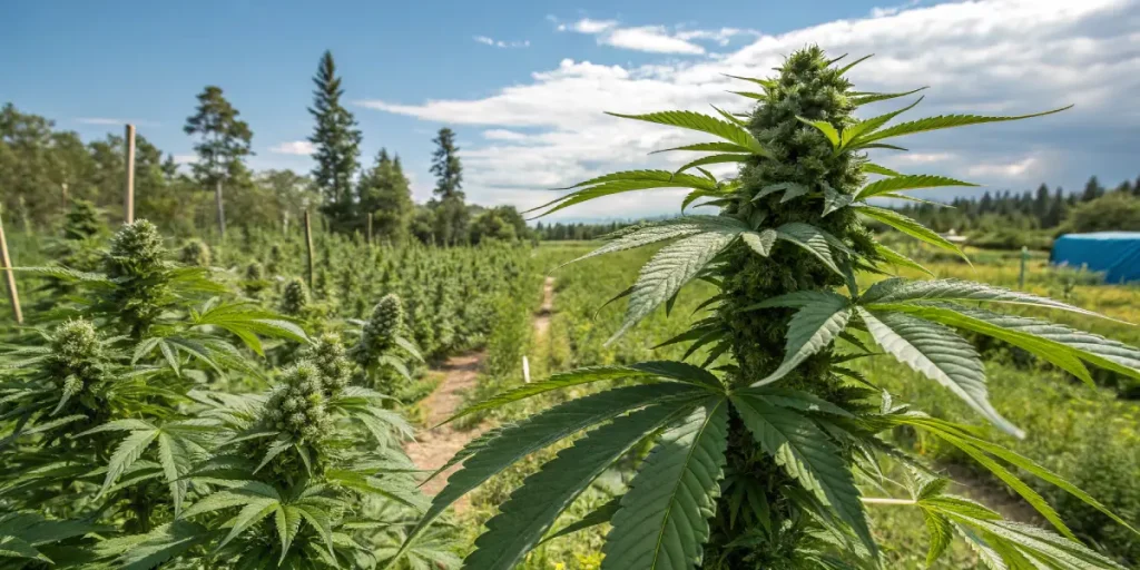 Plantes de cannabis matures cultivées en extérieur dans un champ.