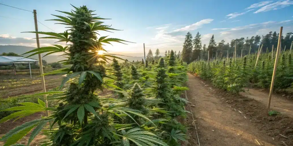 Rangées de plantes de cannabis cultivées en extérieur dans un champ.
