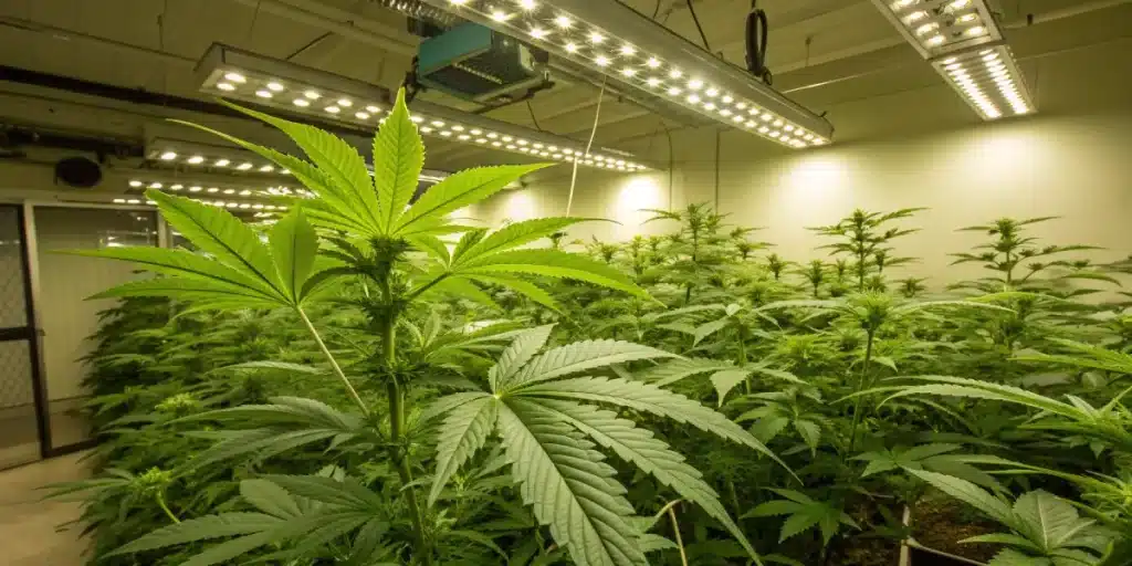 Plants de cannabis cultivés en intérieur sous lampes LED.