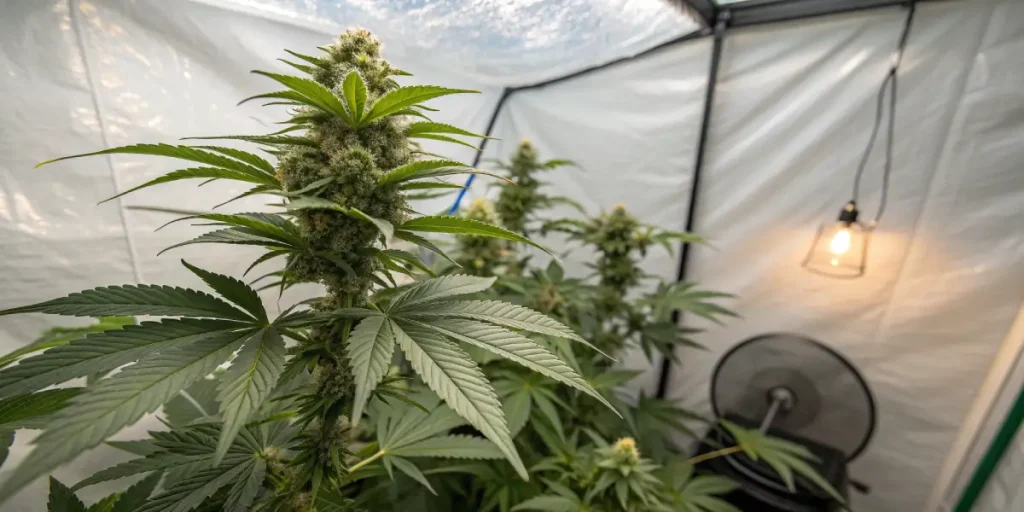 Plante de cannabis cultivée dans une tente de culture en intérieur.