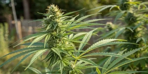 Plante de cannabis en floraison cultivée en extérieur sous lumière naturelle.