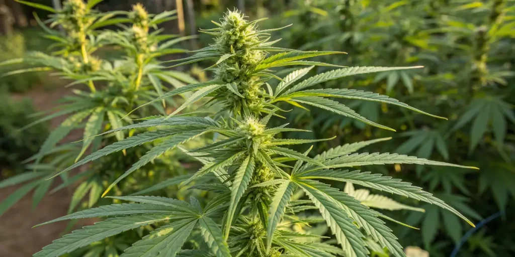 Plante de cannabis en floraison cultivée en extérieur en gros plan.