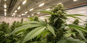 Plante de cannabis en floraison cultivée en intérieur sous éclairage LED.
