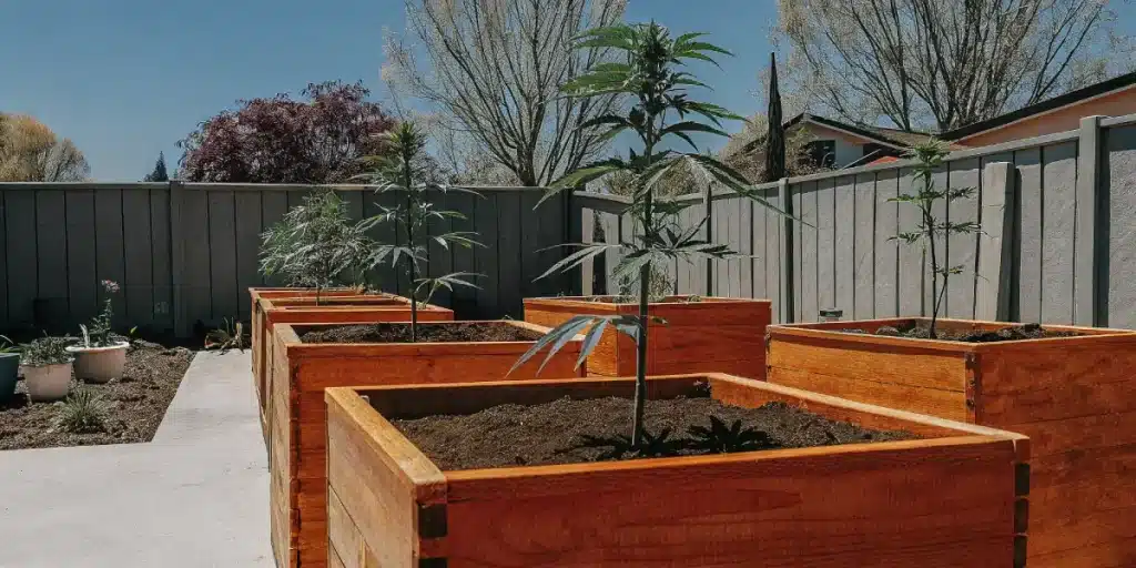 Plants de cannabis en extérieur dans des bacs surélevés dans un jardin ensoleillé