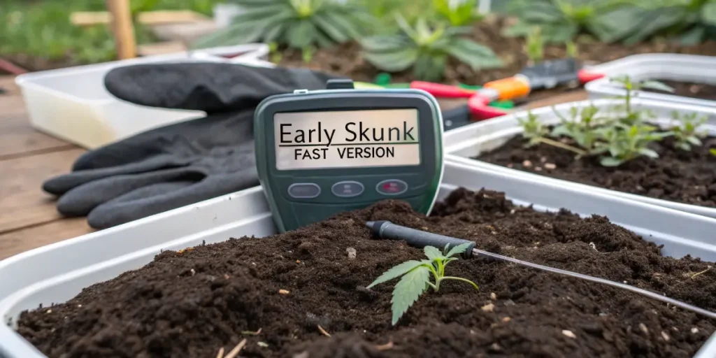Plantule de cannabis Early Skunk Fast Version avec testeur de sol.