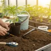 Transplantation d’une jeune plante de cannabis dans un pot avec du terreau.