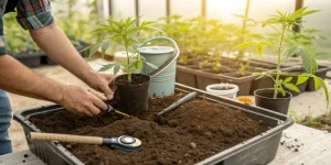 Transplantation d’une jeune plante de cannabis dans un pot avec du terreau.