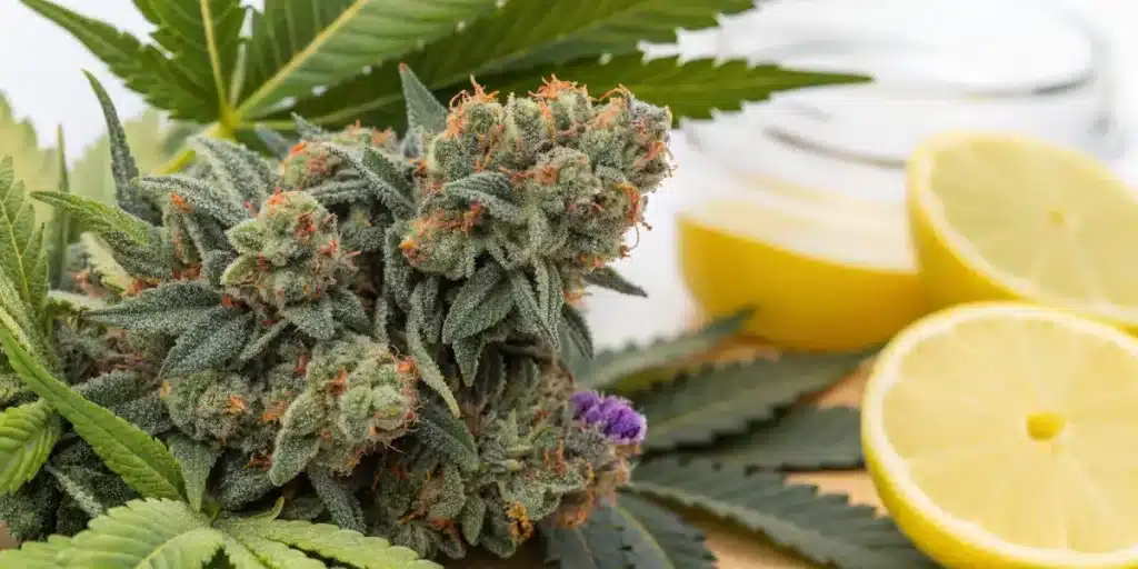 tête de cannabis avec arôme citron en gros plan avec citron frais