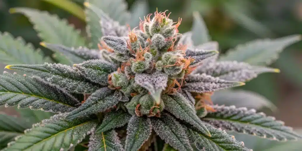 gros plan de tête de cannabis avec trichomes givrés et pistils orange