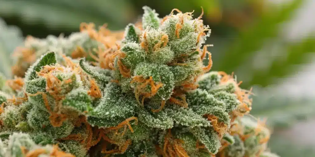 gros plan de tête de cannabis avec trichomes et pistils orange