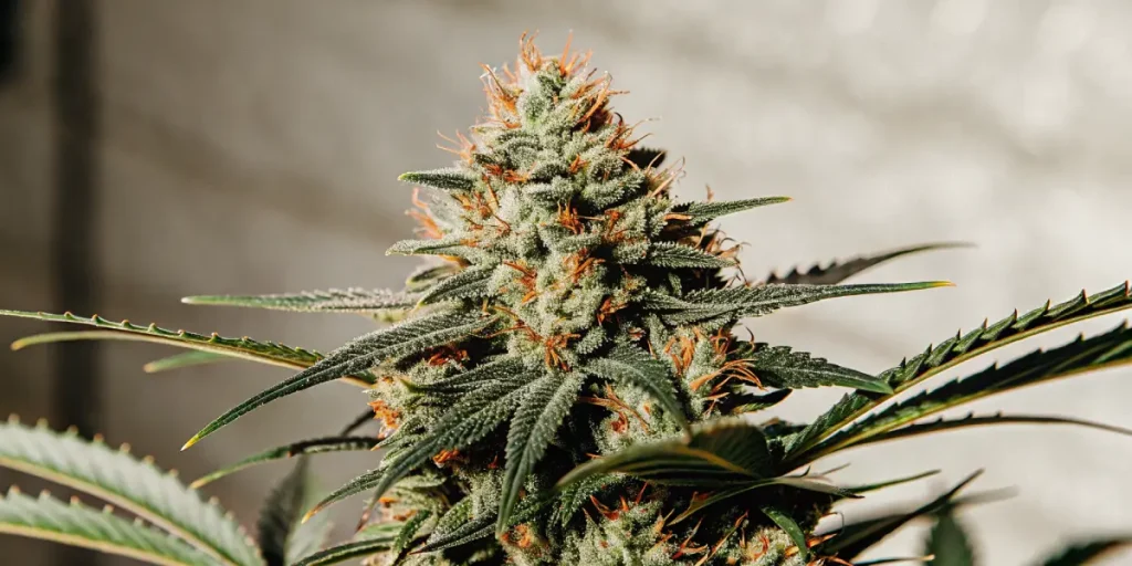 gros plan de tête de cannabis avec trichomes et pistils orange