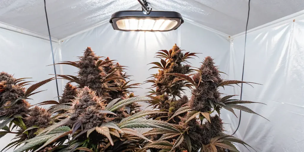 plantes de cannabis en floraison sous lampe LED dans une tente de culture