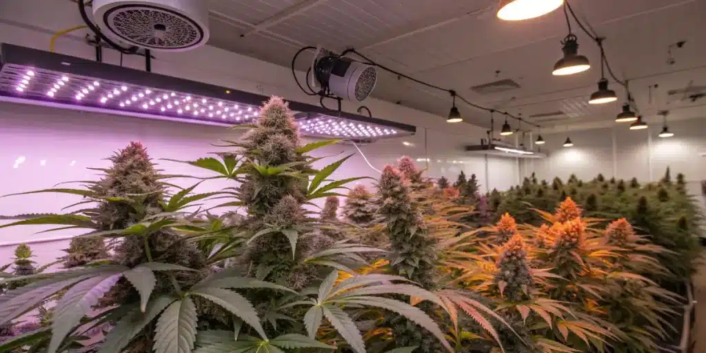 plantes de cannabis en intérieur avec têtes denses sous éclairage LED