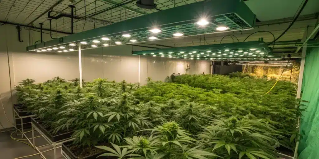 installation professionnelle de culture de cannabis avec éclairage LED et plantes en croissance