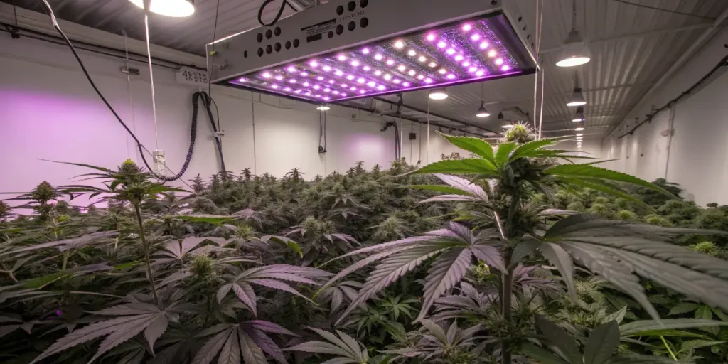 culture commerciale de cannabis en intérieur avec éclairage LED en phase de floraison