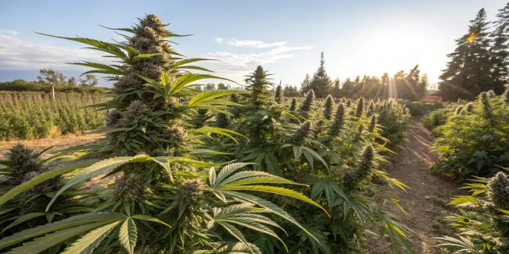 culture de cannabis en extérieur dans un champ ensoleillé avec rangées de plantes