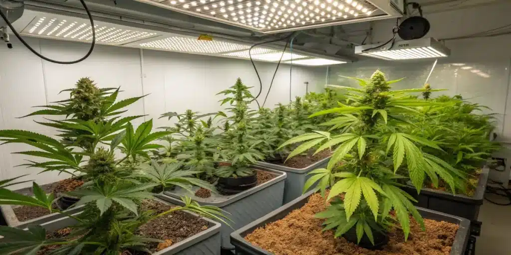 culture de cannabis en bacs sous LED en phase de floraison