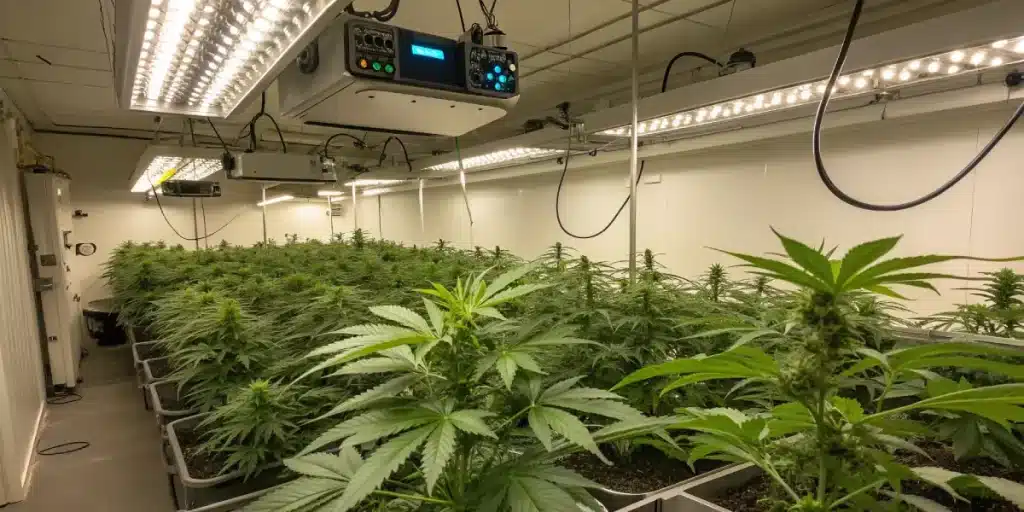 culture de cannabis en intérieur avec éclairage LED et installation professionnelle