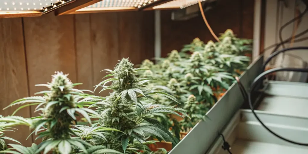 culture de cannabis en intérieur sur plateau avec éclairage LED