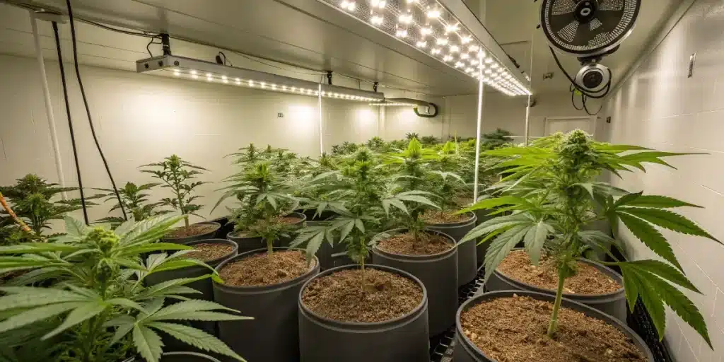 culture de cannabis en intérieur avec plantes en pots sous éclairage LED