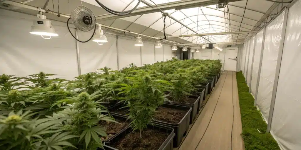 culture de cannabis en serre intérieure avec rangées de plantes en pots