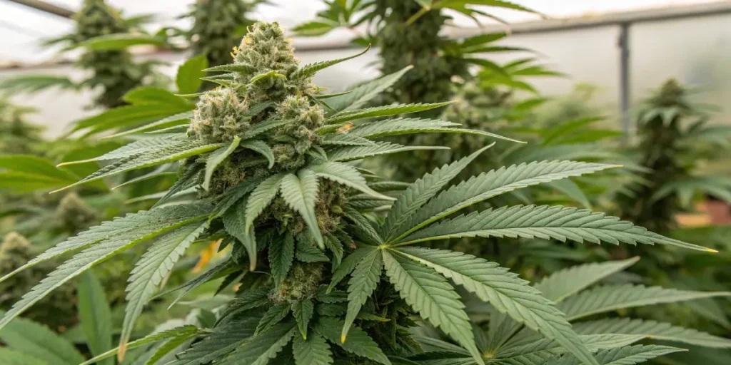 gros plan de plante de cannabis en serre en phase de floraison