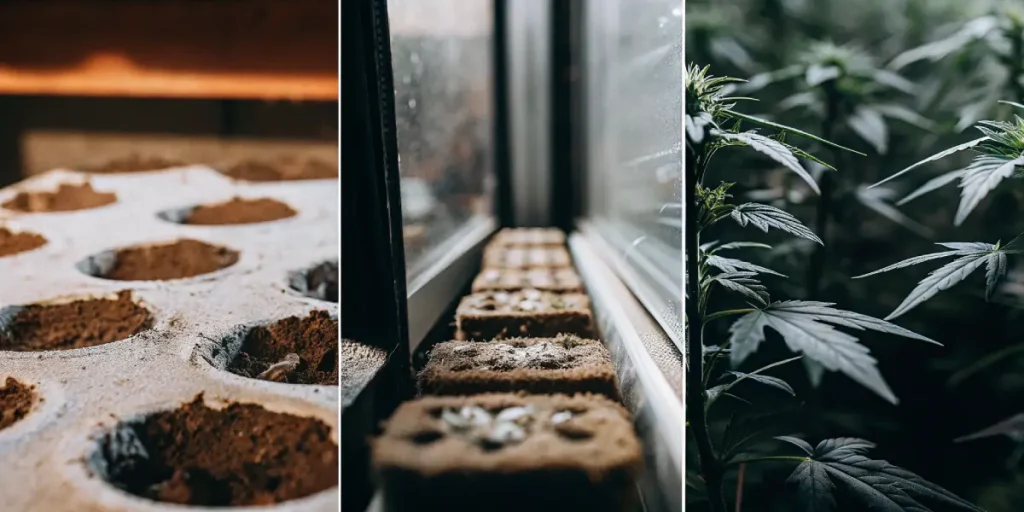 germination de graines de cannabis en plateau près d’une fenêtre en intérieur