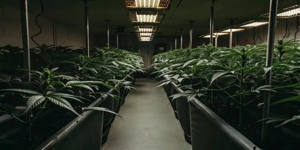 installation de culture de cannabis en intérieur avec rangées de plantes sous LED