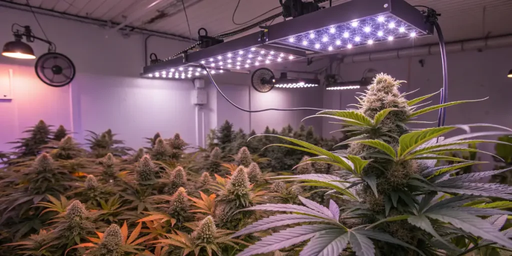 culture de cannabis en intérieur sous éclairage LED en phase de floraison