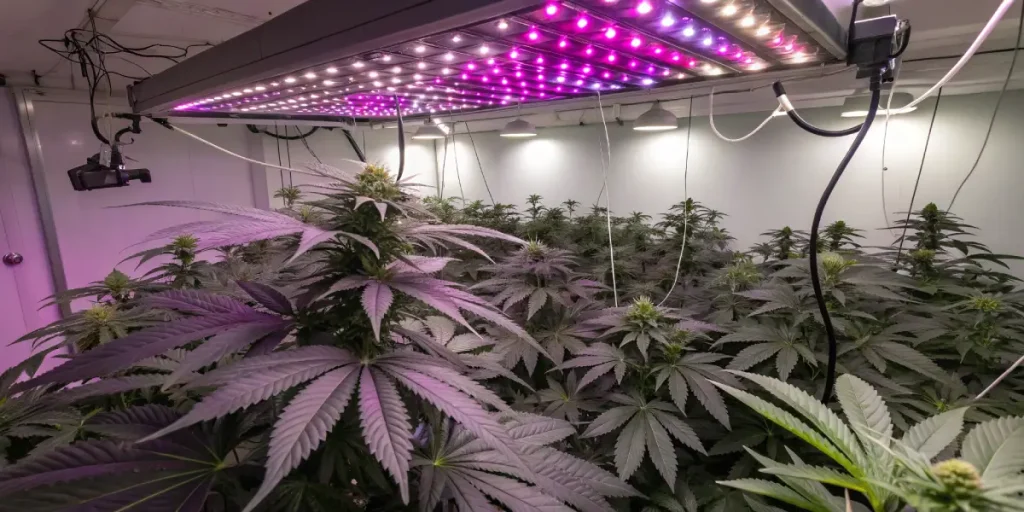 culture de cannabis en intérieur sous éclairage LED violet couvrant toute la salle