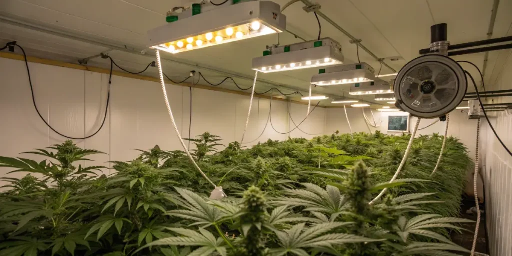 grande salle de culture de cannabis en intérieur avec éclairage LED et plantes en floraison