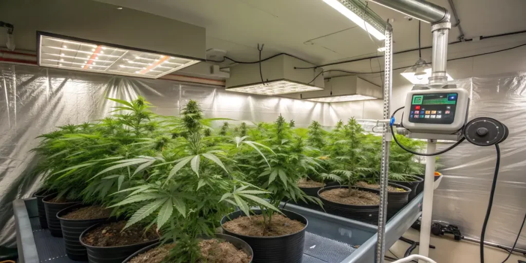 salle de culture de cannabis en intérieur avec éclairage LED et système d’irrigation