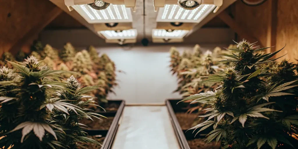 salle de culture de cannabis en intérieur avec panneaux LED en floraison