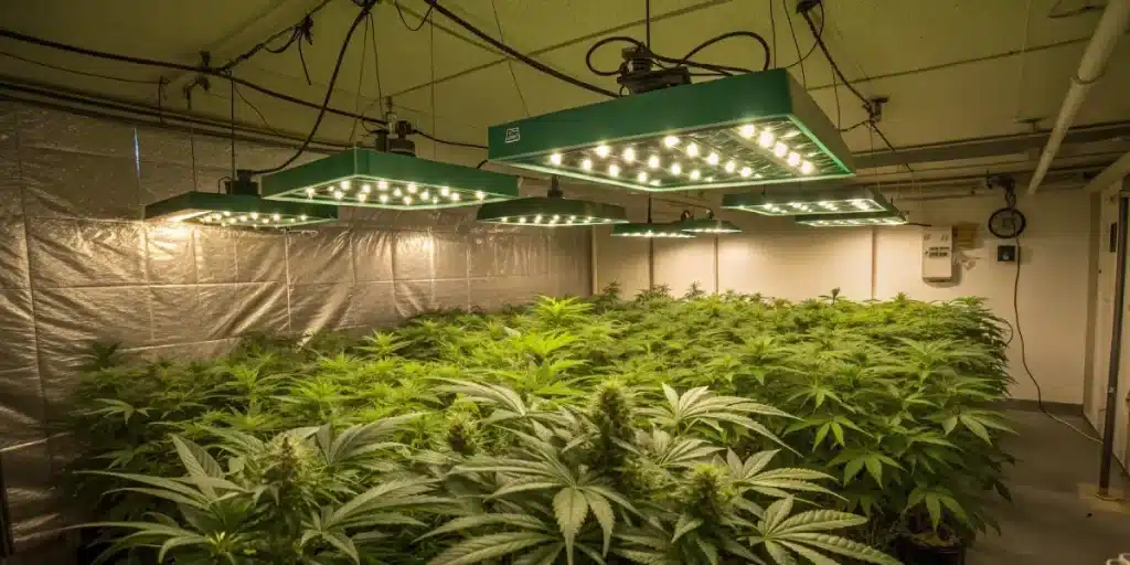 grande salle de culture de cannabis en intérieur avec panneaux LED et nombreuses plantes