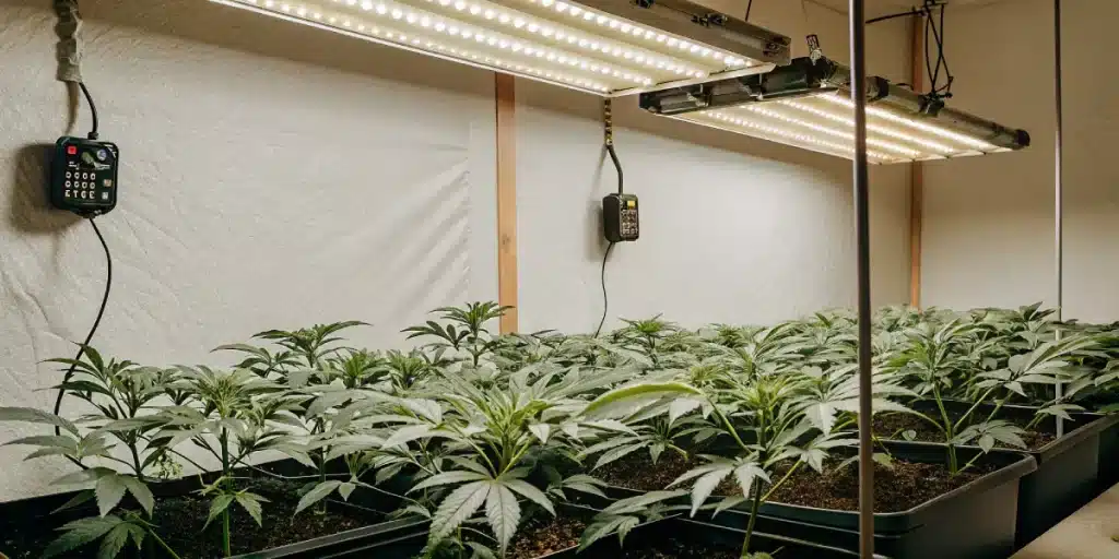 culture de cannabis en intérieur sous panneaux LED en phase végétative