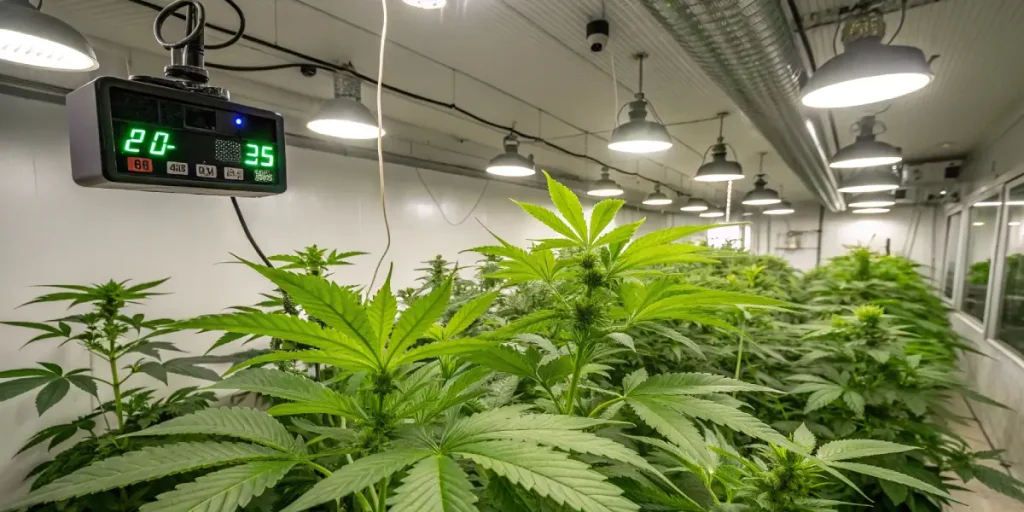 salle de culture de cannabis en intérieur avec système de contrôle de température et plantes en croissance
