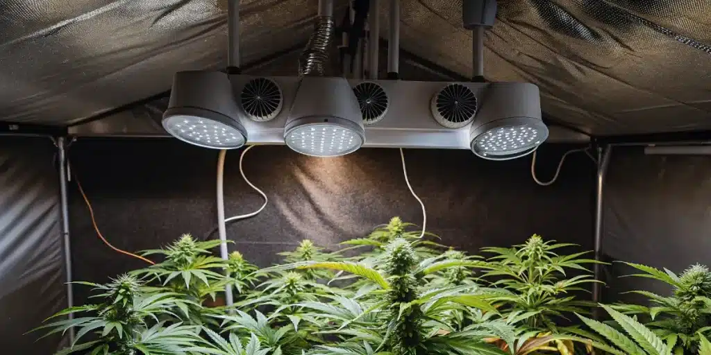 tente de culture de cannabis en intérieur avec lampes LED et plantes en floraison