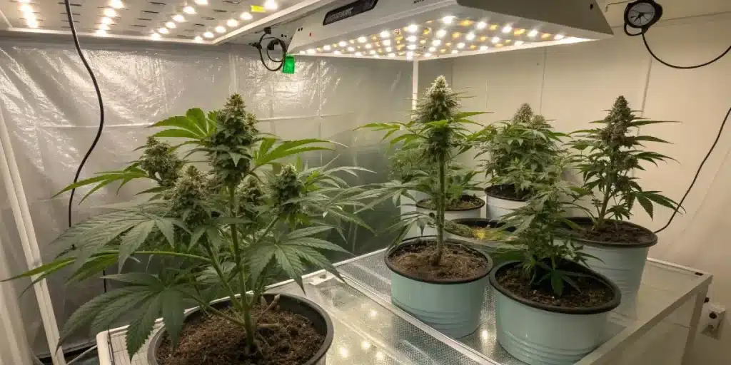 culture de cannabis en intérieur avec plantes en pots sous éclairage LED
