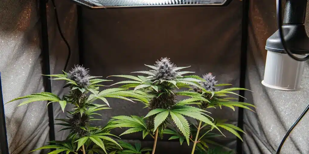 plantes de cannabis en tente de culture intérieure avec têtes violettes sous lampe LED