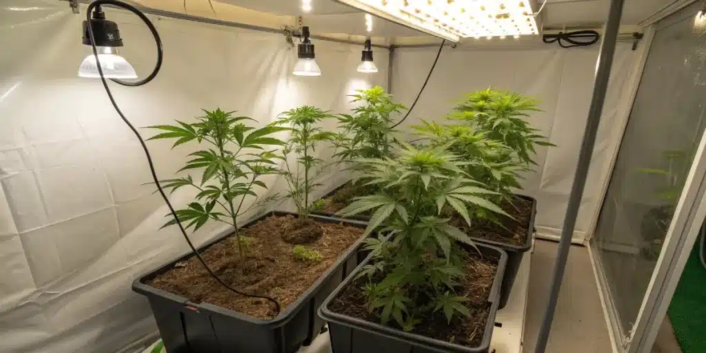 tente de culture de cannabis en intérieur avec bacs de terre et éclairage LED