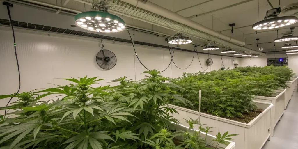 culture de cannabis en intérieur avec éclairage LED circulaire et systèmes hydroponiques