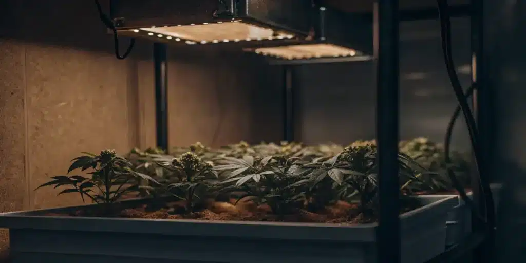 jeunes plants de cannabis en bac sous éclairage LED en culture intérieure