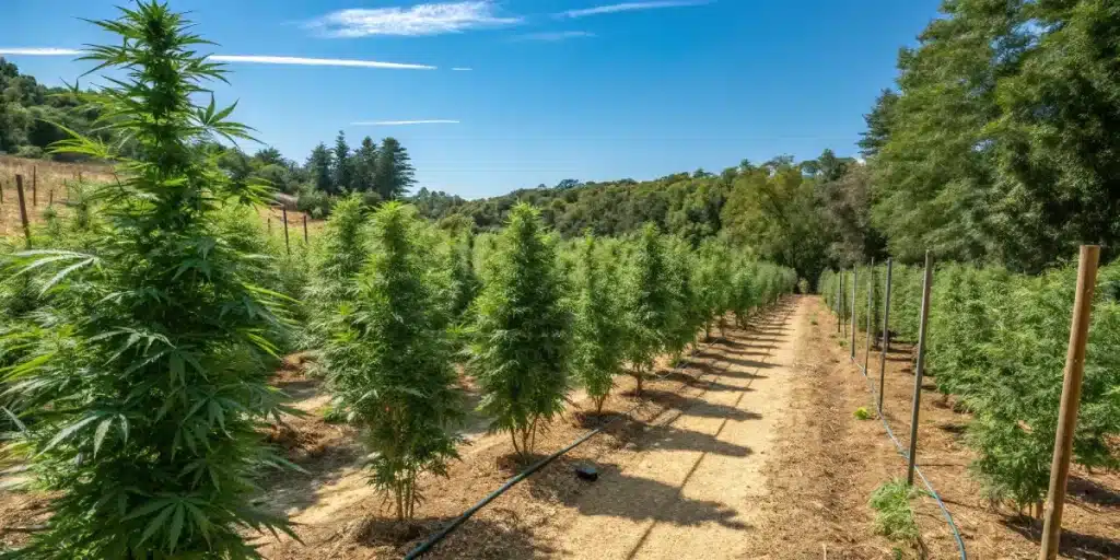culture de cannabis en extérieur en rangées sous une journée ensoleillée