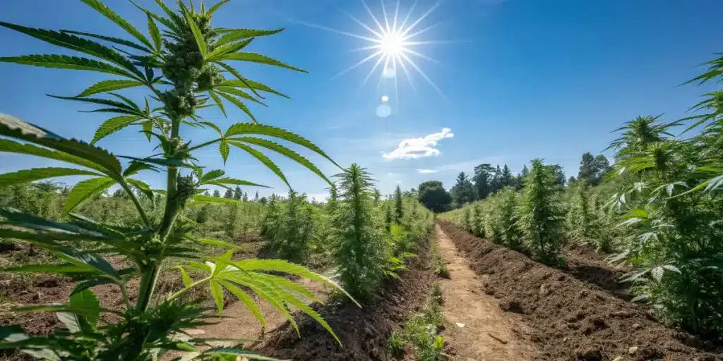 champ de cannabis en extérieur sous un soleil intense