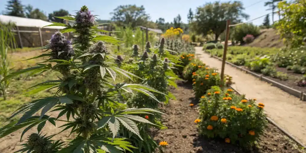 jardin de cannabis en extérieur avec plantation compagnon et fleurs