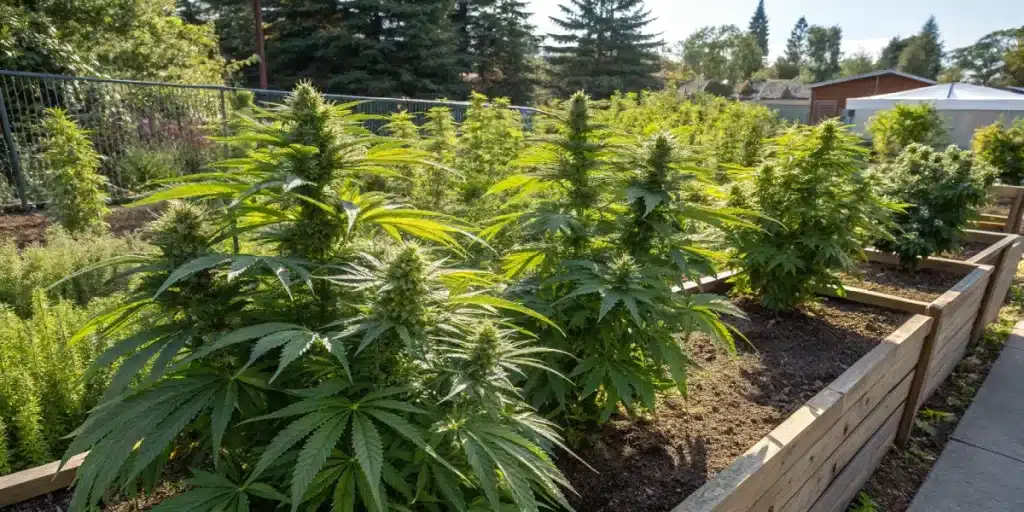 culture de cannabis en extérieur dans des bacs surélevés dans un jardin