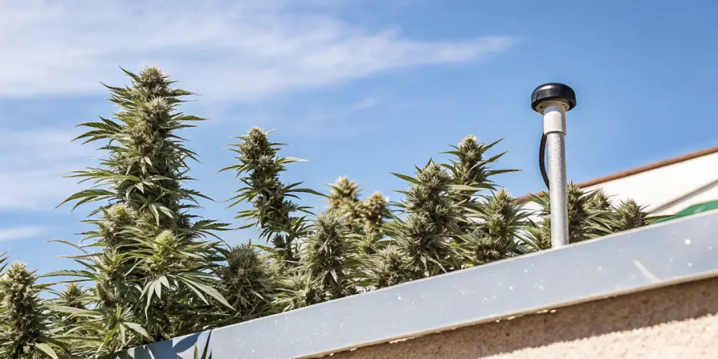 plantes de cannabis en extérieur sur un toit sous le soleil