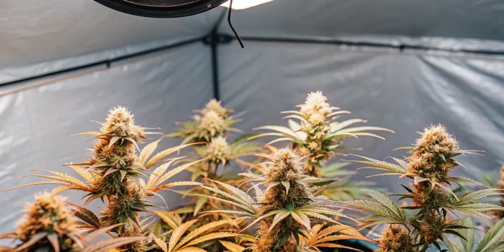 plantes de cannabis en floraison dans une tente de culture intérieure